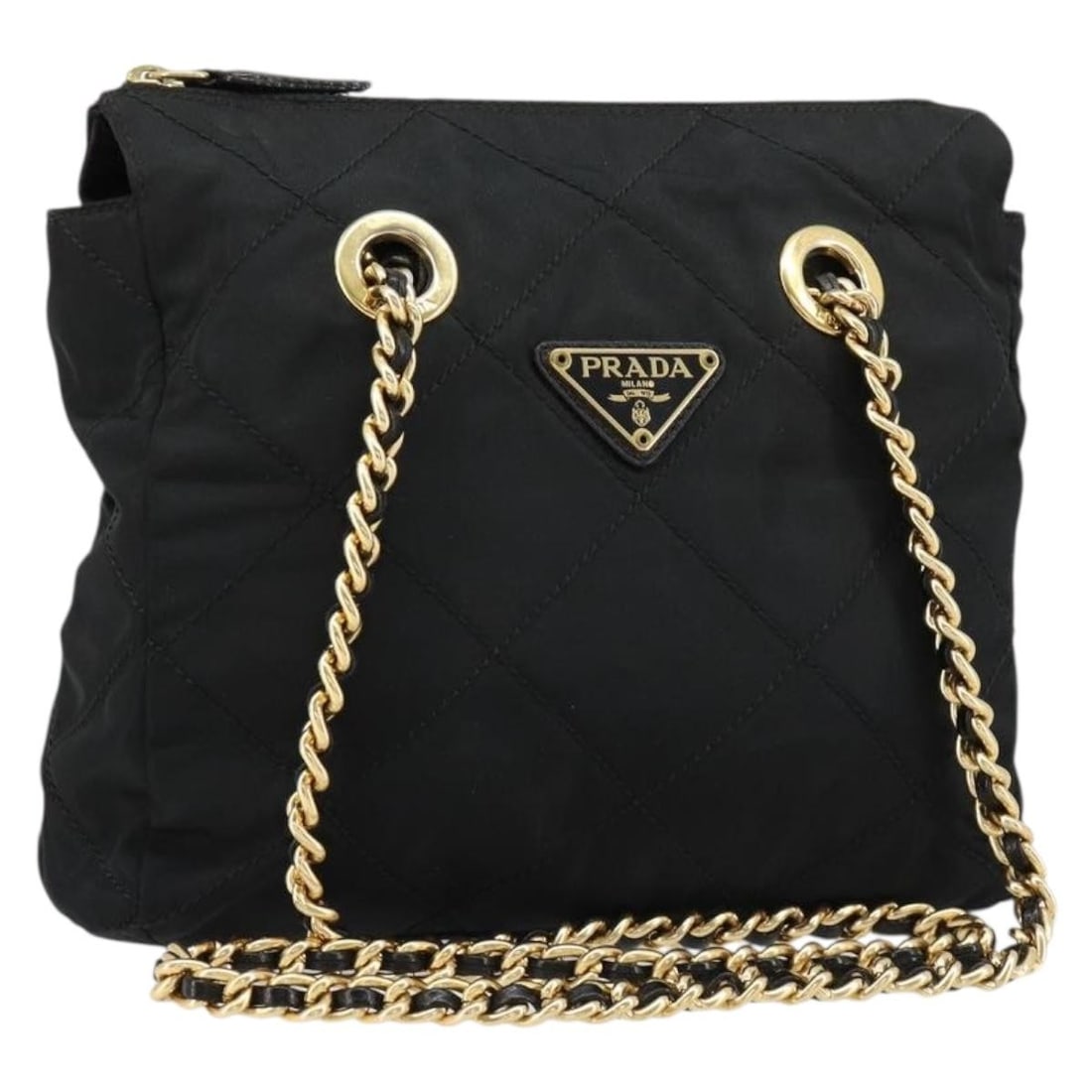 Prada Nylon Shoulder Bag Black with Gold Chain Dust Bag: Prada Nylon Shoulder Bag Black with Gold Chain Dust Bag A Prada chain shoulder bag in black nylon with gold-tone accents. It comes with a dust bag and was made in Italy. The bag has a shoulder strap d