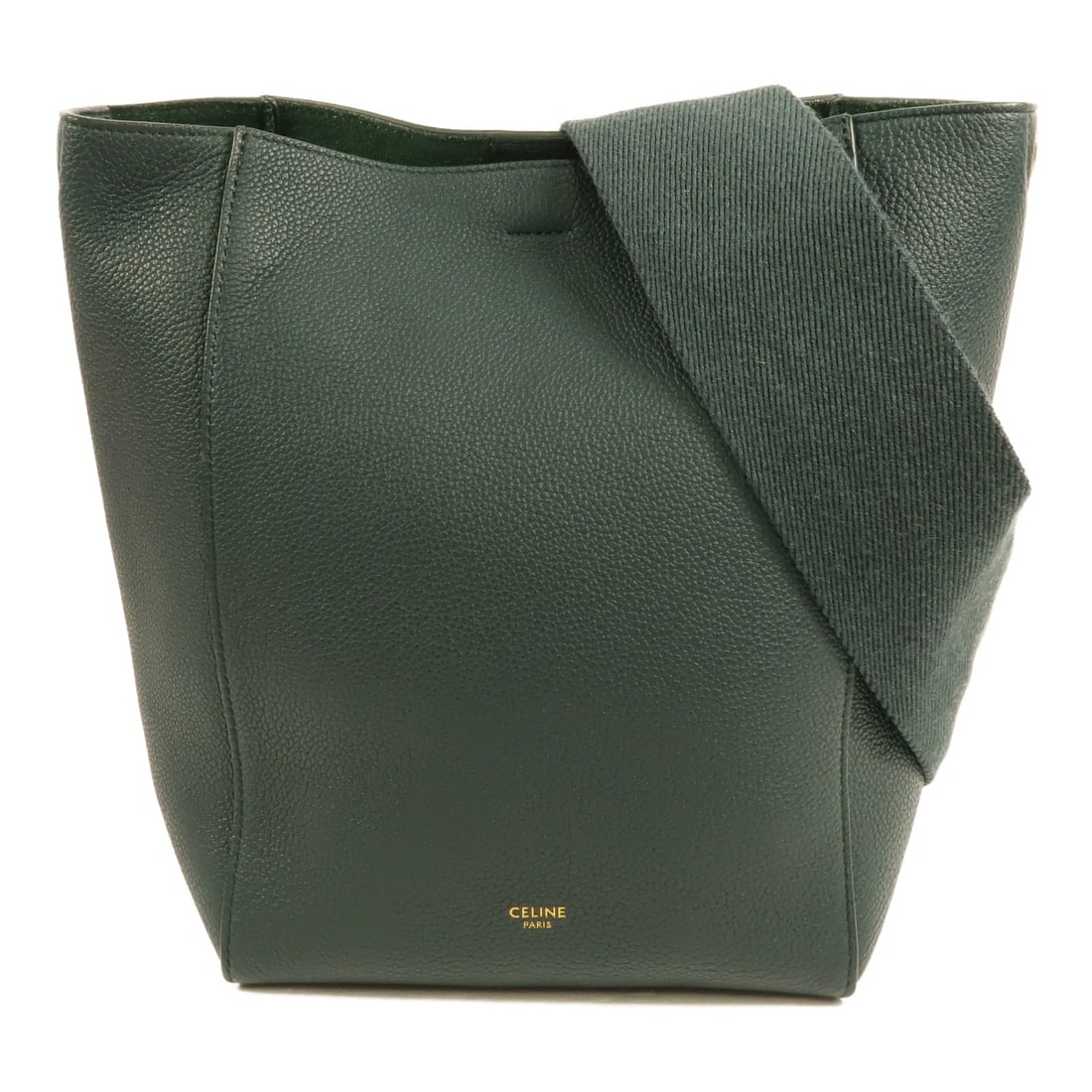 CELINE Sangle Small Bucket Shoulder Bag Green Calfskin GHW: CELINE Sangle Small Bucket Shoulder Bag Green Calfskin GHW A CELINE Sangle Bucket small shoulder bag in green calfskin leather with gold-tone hardware. It features one open inside pocket and one insid