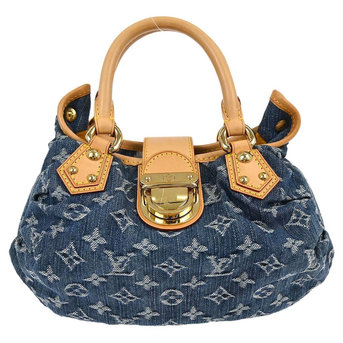 Louis Vuitton Pleaty Blue Monogram Denim Handbag M95020: Louis Vuitton Pleaty Blue Monogram Denim Handbag M95020 Louis Vuitton Pleaty handbag in blue Monogram denim canvas with leather trim and double handles. This women's medium handbag features a buckle c