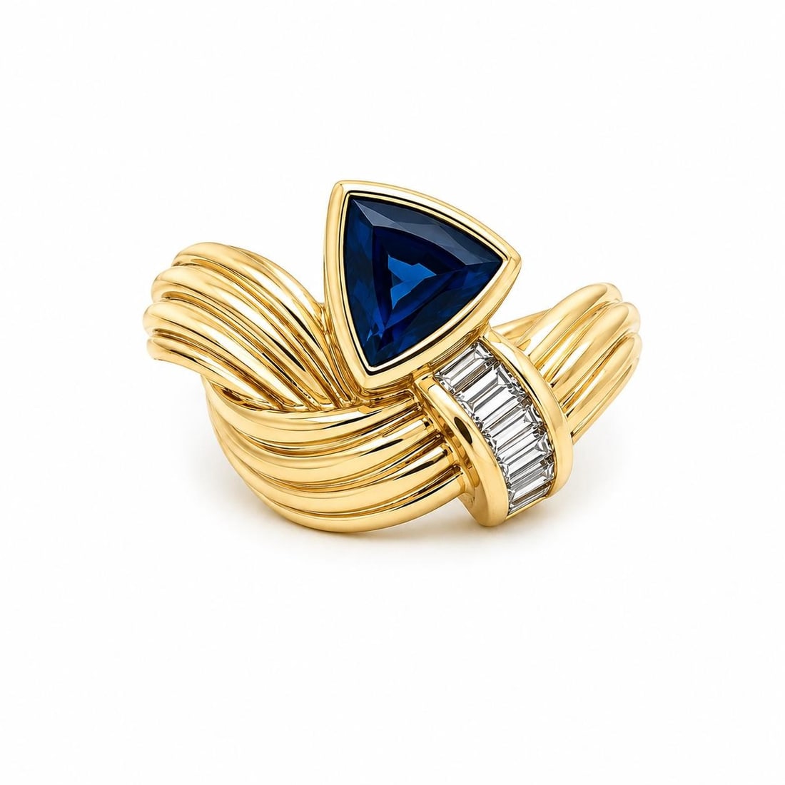 Unbranded 18k Yellow Gold Band Ring with Trillion Sapphire and Baguette Diamonds: Unbranded 18k Yellow Gold Band Ring with Trillion Sapphire and Baguette Diamonds Vintage ring in a band style, featuring a natural trillion-cut blue sapphire and eight baguette-cut diamonds set in sol