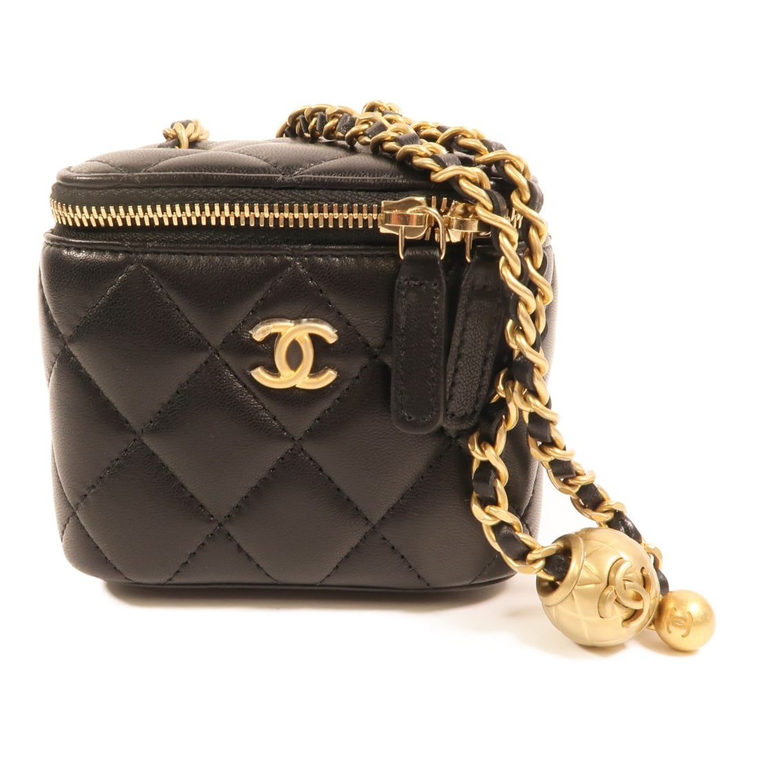 CHANEL Mini Vanity Case Shoulder Bag Black Lambskin Gold Ball Chain: CHANEL Mini Vanity Case Shoulder Bag Black Lambskin Gold Ball Chain A CHANEL mini vanity case shoulder bag in black lambskin with a gold ball chain shoulder strap. The bag is described as very good co