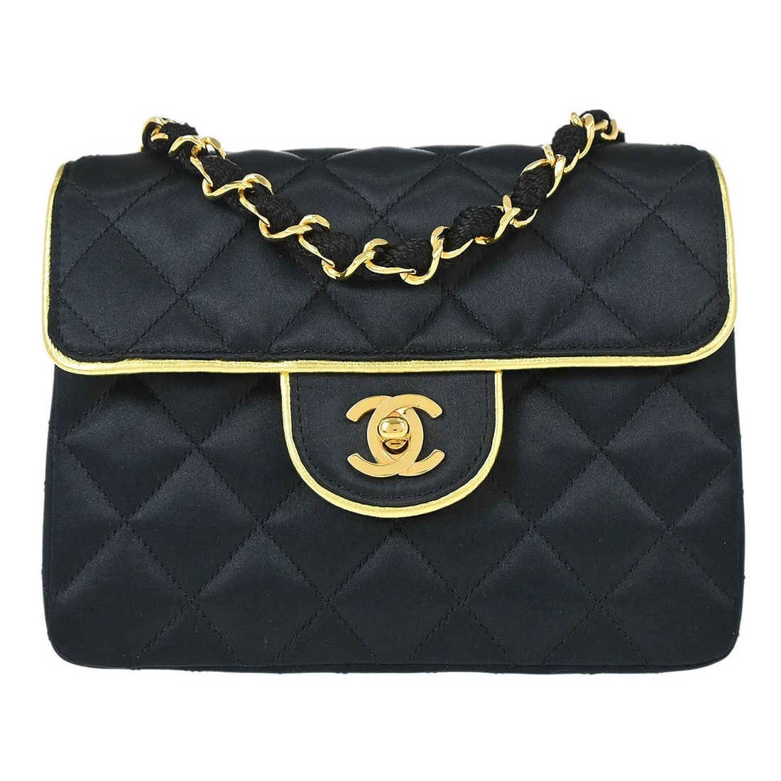 CHANEL Classic Flap Mini Square Satin Shoulder Bag Black: CHANEL Classic Flap Mini Square Satin Shoulder Bag Black Chanel Classic Flap Mini Square shoulder bag in black satin with a matelasse quilted exterior and flap turnlock closure. This small women's bag