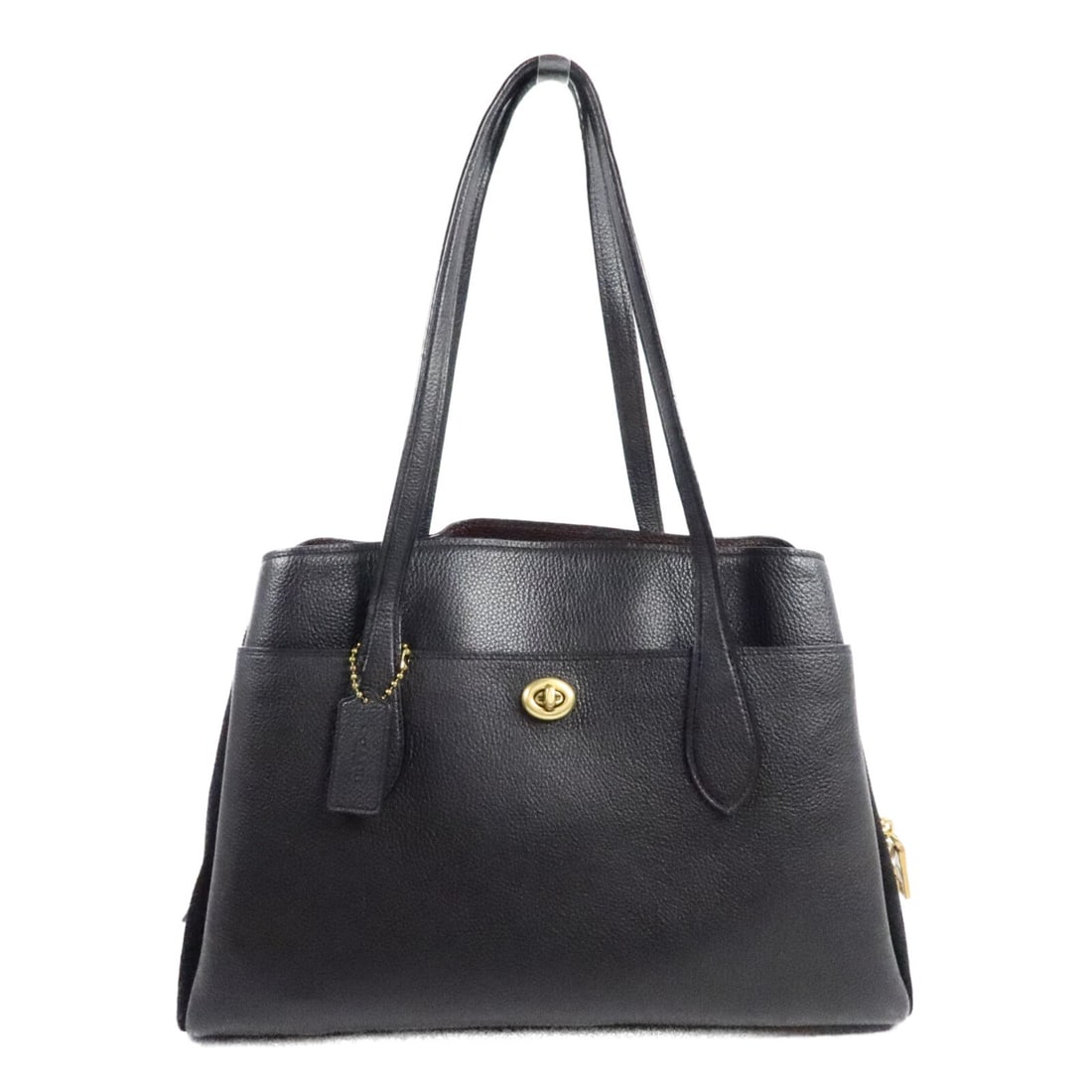 COACH 89486 Black Calfskin Shoulder Bag with Brand Tag: COACH 89486 Black Calfskin Shoulder Bag with Brand Tag A black COACH shoulder bag made from calfskin (cowhide) leather with gold-tone hardware. It features an open outside pocket, three open interior 