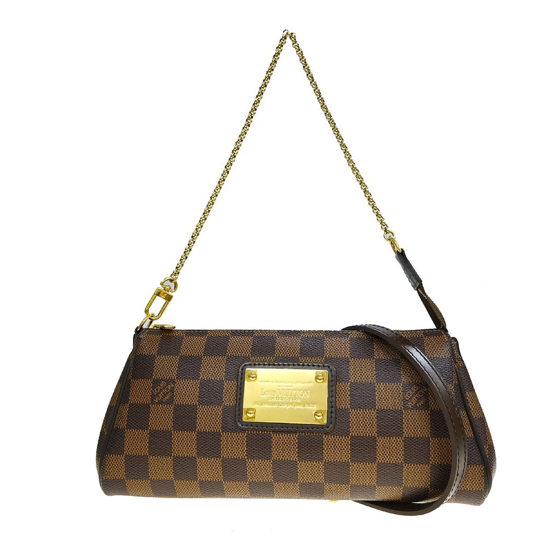 Louis Vuitton Eva N55213 Damier Ebene 2 Way Chain Shoulder Bag: Louis Vuitton Eva N55213 Damier Ebene 2 Way Chain Shoulder Bag Louis Vuitton Damier Eva 2way Chain Handbag in Damier Ebene brown canvas and leather. It features a zipper closure, chain strap, and logo