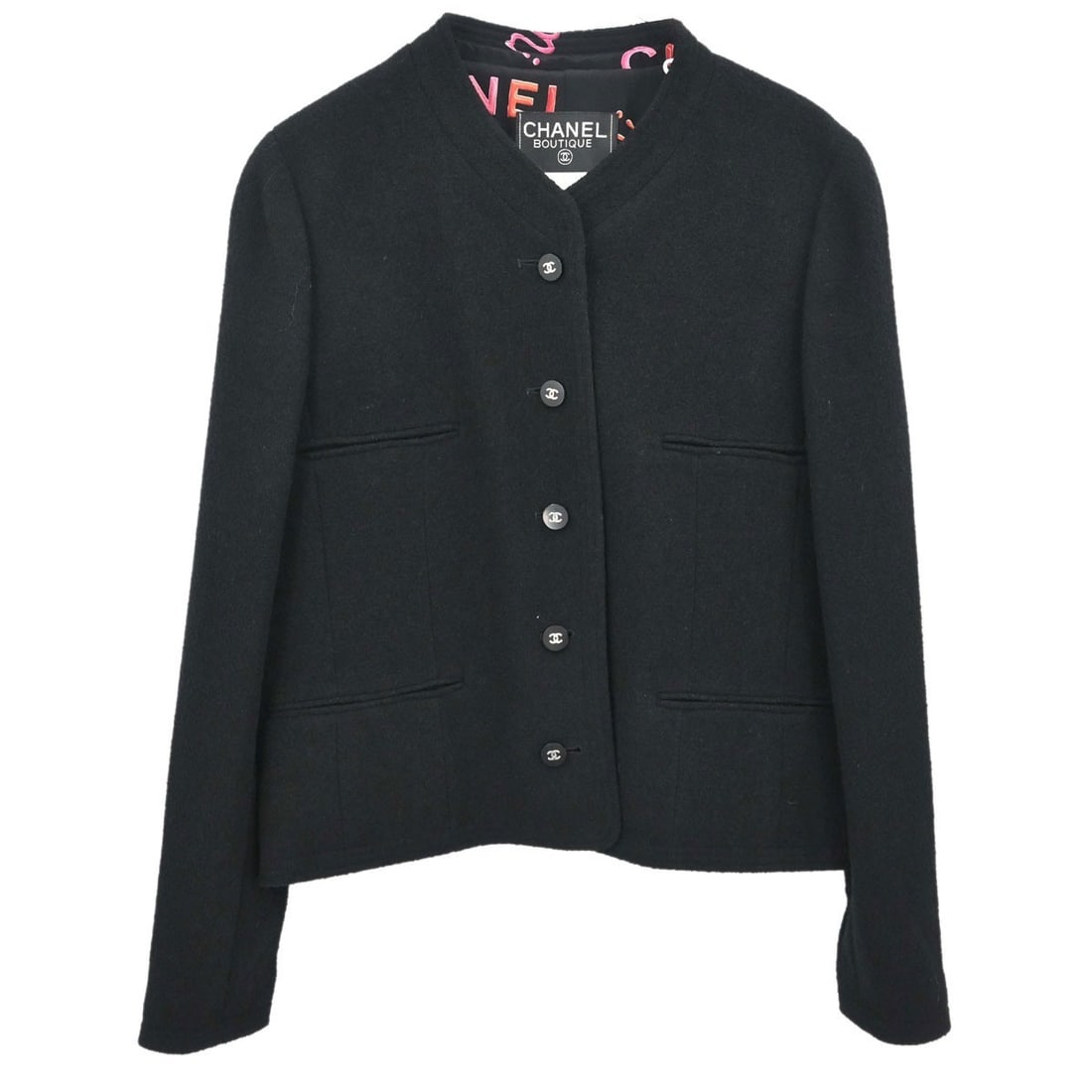 CHANEL 96P Black Wool Blend Jacket Size 40 France: CHANEL 96P Black Wool Blend Jacket Size 40 France Vintage CHANEL women's long sleeve jacket in black, made in France. It is a regular-fit, single-breasted style with a collarless design and logo accen