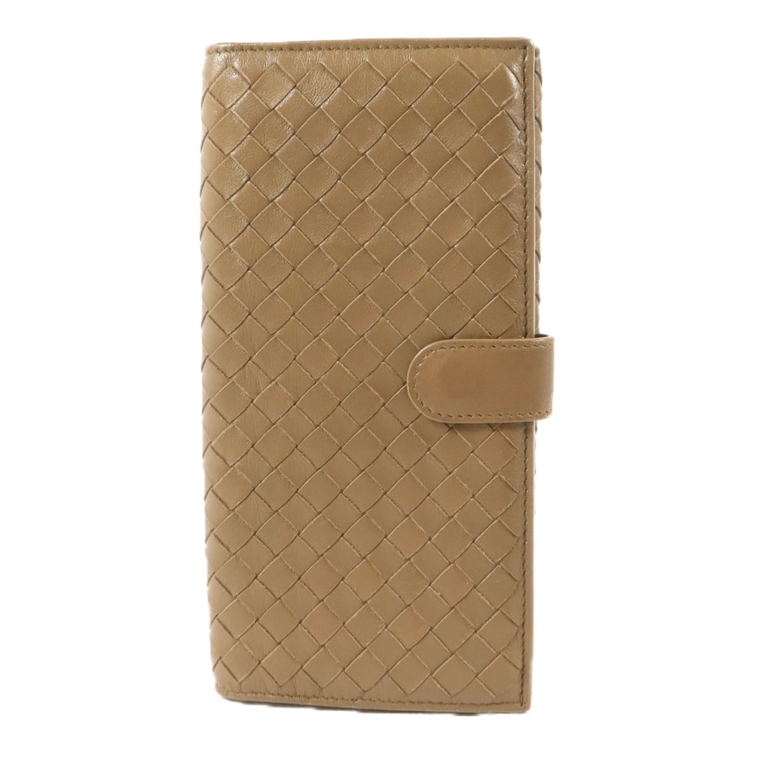 Bottega Veneta Lambskin Long Wallet Bifold Taupe: Bottega Veneta Lambskin Long Wallet Bifold Taupe Long bifold wallet in taupe lambskin (sheep leather) by Bottega Veneta. It features a hook button closure and multiple compartments, including card slo