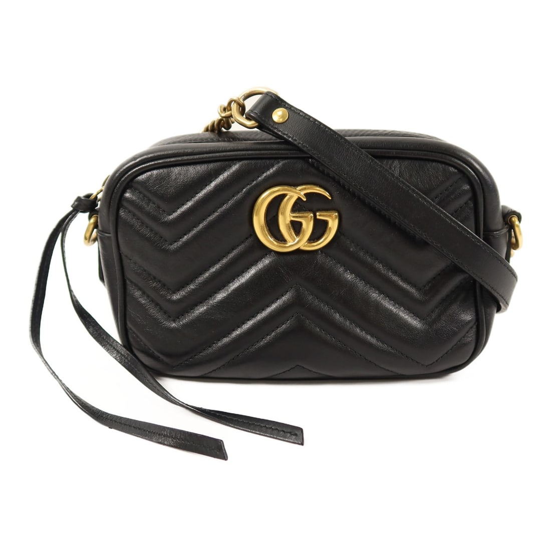 Gucci 448065 GG Marmont Mini Shoulder Bag Black Calfskin Chain Strap: Gucci 448065 GG Marmont Mini Shoulder Bag Black Calfskin Chain Strap A Gucci GG Marmont Mini Chain Shoulder Bag in black calfskin leather with GG hardware. This mini shoulder bag features a chain stra