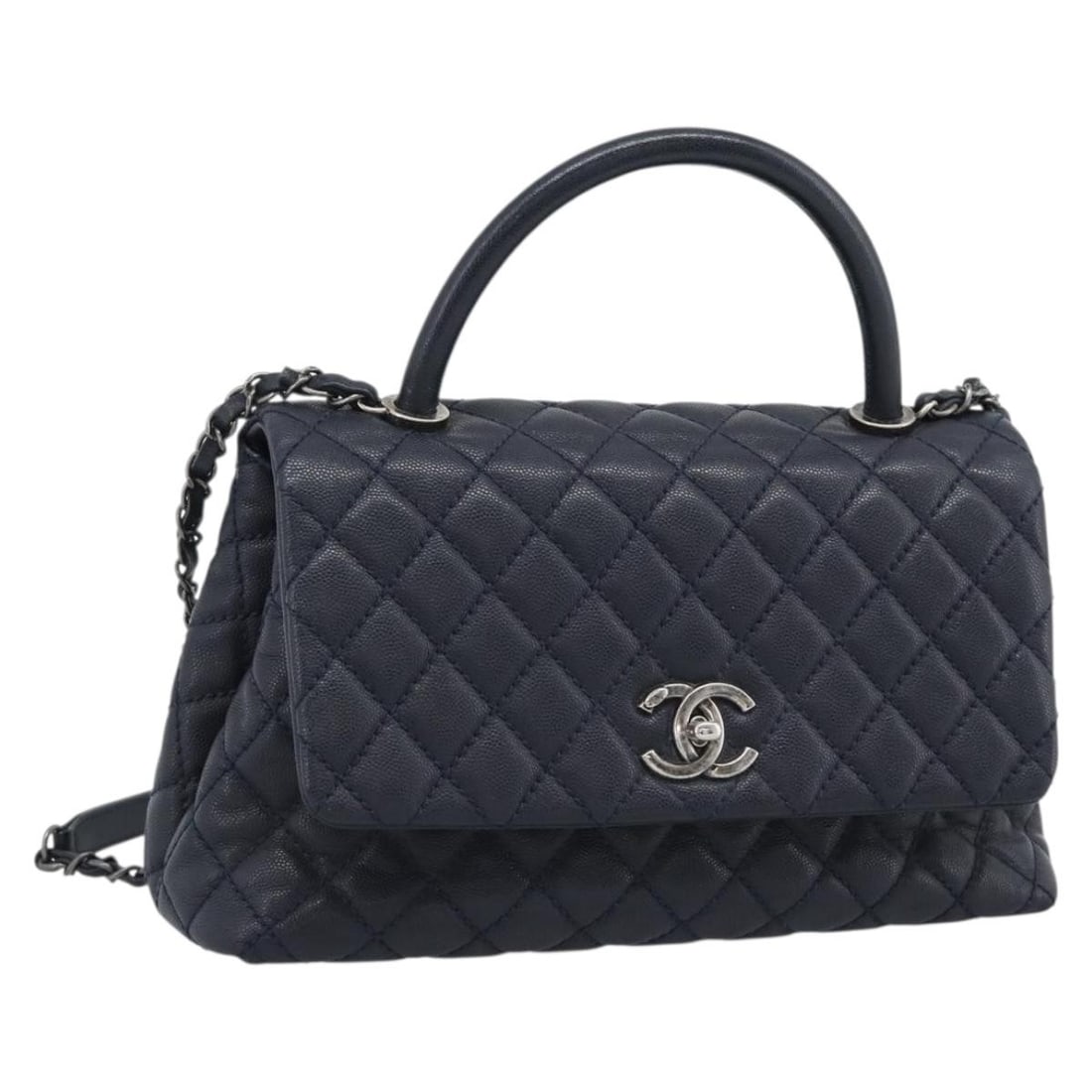 CHANEL Matelasse Caviar Skin 2way Handbag Navy Silver: CHANEL Matelasse Caviar Skin 2way Handbag Navy Silver CHANEL Matelasse 2-way handbag in navy caviar skin with silver-tone CC detailing. This women's bag features both top handles and a chain shoulder 