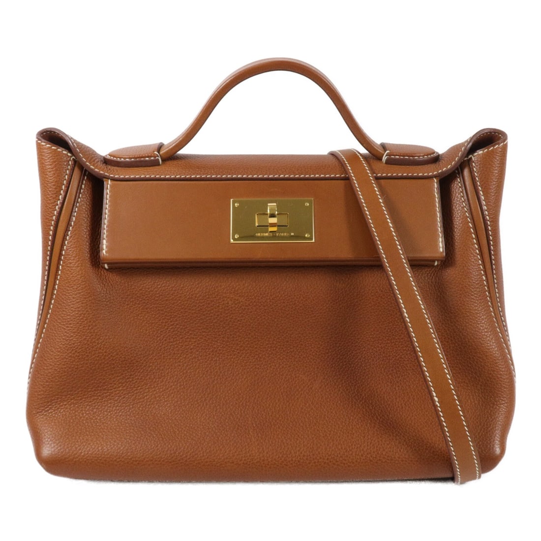 Hermes 24 24 29cm Barenia Calfskin Shoulder Bag Gold Tone Hardware: Hermes 24 24 29cm Barenia Calfskin Shoulder Bag Gold Tone Hardware Hermes 24/24 29cm 2 Way Shoulder Bag in gold calfskin (cowhide) with a gold-tone look and Barenia leather noted in the title. It feat