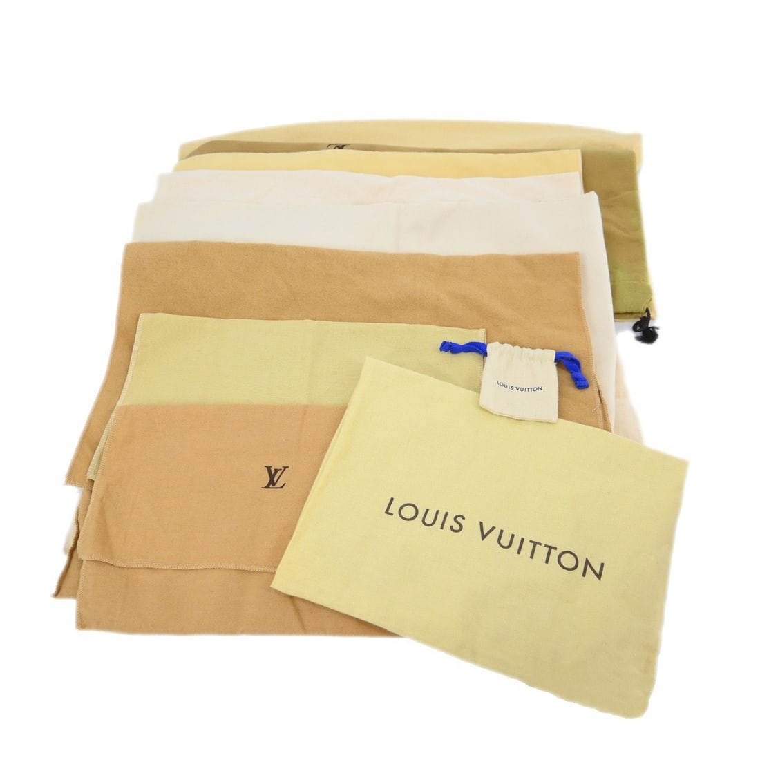 Set of 10 Louis Vuitton cotton dust bags brown beige: Set of 10 Louis Vuitton cotton dust bags brown beige Set of 10 Louis Vuitton dust bags in brown and beige cotton. These unisex dustbags show overall signs of use with stains and reasonable wear and te