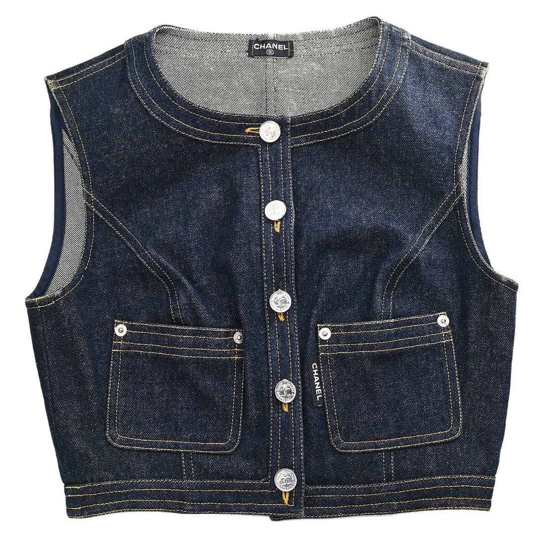 CHANEL Indigo Cotton Collarless Button Front Vest Jacket (1 of 10)