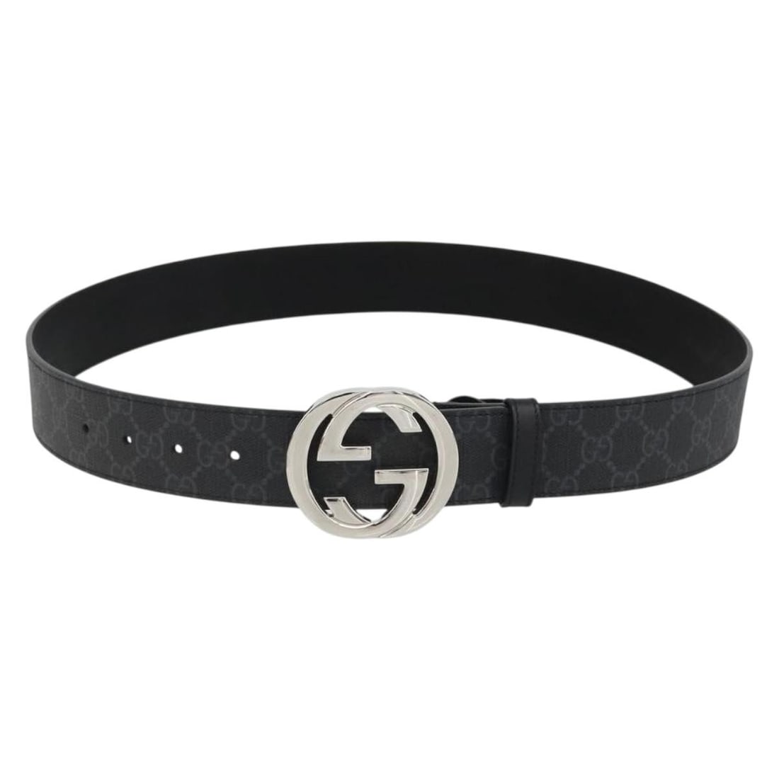 Gucci 411924 GG Supreme PVC Leather Belt Black Silver 39.4in: Gucci 411924 GG Supreme PVC Leather Belt Black Silver 39.4in Gucci GG Supreme belt in black and silver, made in Italy. The belt is crafted from PVC leather and GG canvas, and is a women's style belt w