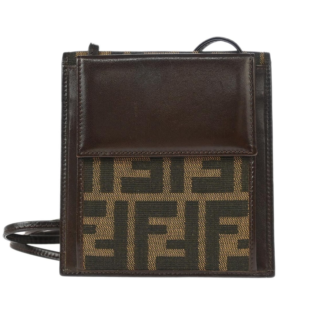Fendi Zucca Canvas Shoulder Wallet Pouch Brown Leather Trim: Fendi Zucca Canvas Shoulder Wallet Pouch Brown Leather Trim Fendi Zucca Pattern shoulder wallet pouch in brown and black canvas with leather parts. This vintage unisex piece features a folding design 