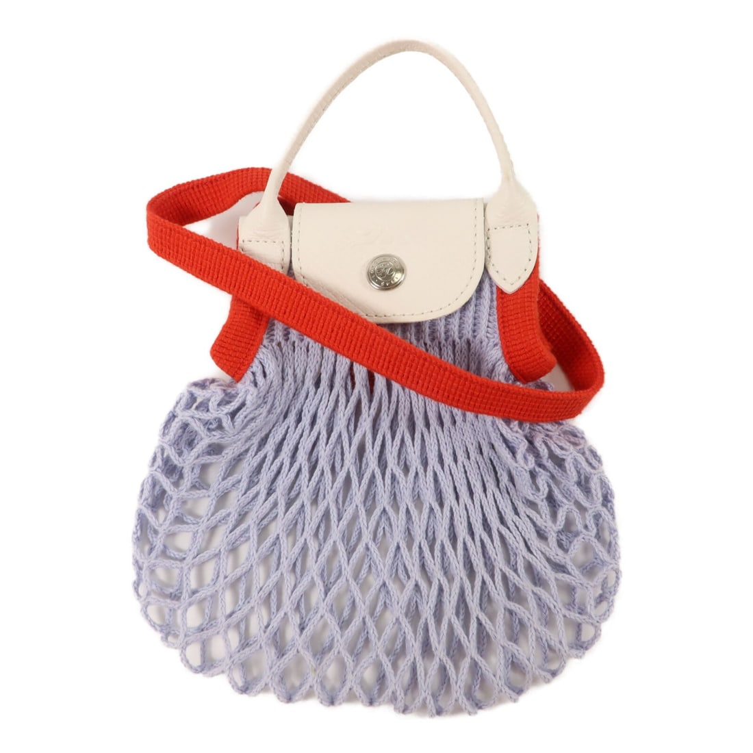 Longchamp Le Pliage Filet XS 2way Shoulder Bag Blue Red: Longchamp Le Pliage Filet XS 2way Shoulder Bag Blue Red Longchamp Le Pliage Filet XS mesh bag in a 2-way shoulder bag style, made with calfskin (cowhide) and cotton. It features a blue and red color c