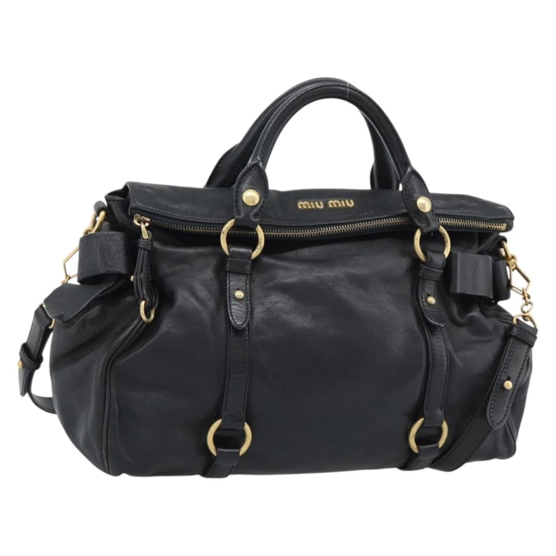 Miu Miu black leather 2 way ribbon handbag with strap: Miu Miu black leather 2 way ribbon handbag with strap Miu Miu ribbon hand bag in leather with a black and gold color scheme. It is a women's 2-way style bag made in Italy and comes with a dust bag and