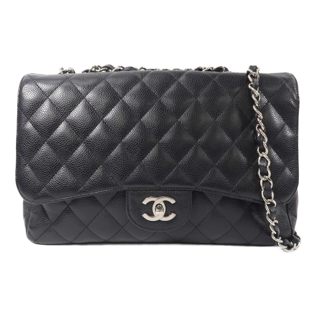 CHANEL Large Classic CC Shoulder Bag Black Calfskin Silver Tone Chain: CHANEL Large Classic CC Shoulder Bag Black Calfskin Silver Tone Chain A CHANEL Large Classic Chain Shoulder Bag in black calfskin leather with CC turn-lock closure. The bag is described as a shoulder 