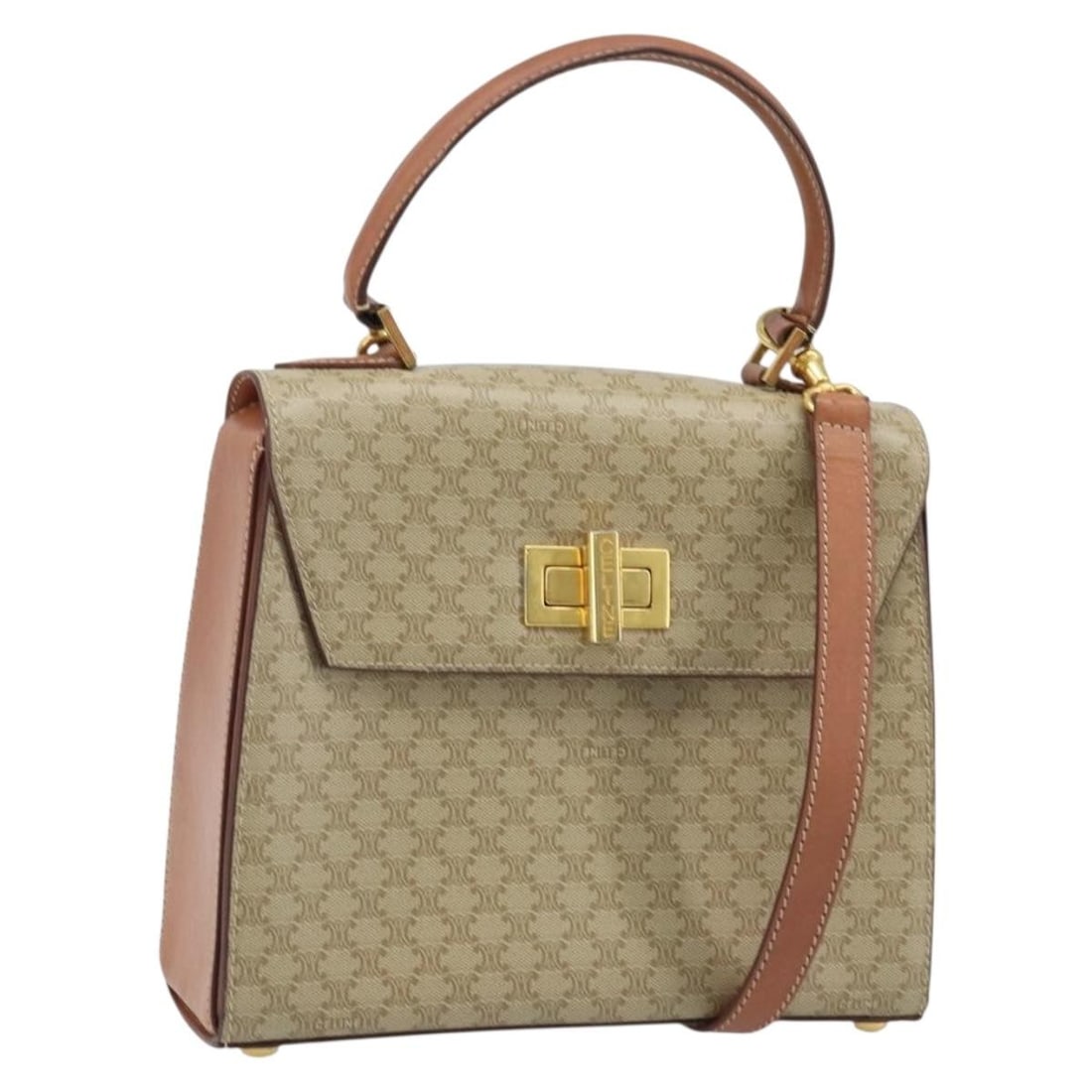 Celine Macadam 2way Beige PVC Leather Handbag with Shoulder Strap: Celine Macadam 2way Beige PVC Leather Handbag with Shoulder Strap CELINE Macadam canvas handbag in beige and gold, made from PVC leather and Macadam canvas. This 2-way style comes with a shoulder stra
