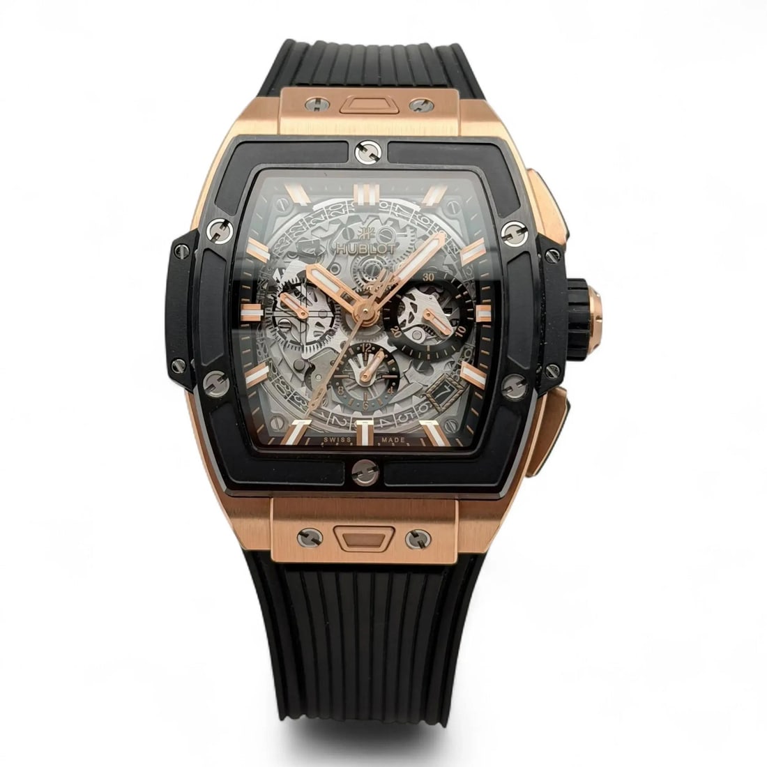 Hublot Spirit of Big Bang 42mm Rose Gold Skeleton Automatic Watch: Hublot Spirit of Big Bang 42mm Rose Gold Skeleton Automatic Watch This Hublot Spirit of Big Bang wristwatch features a 42mm case crafted from 18k rose gold and steel, paired with a striking skeleton d