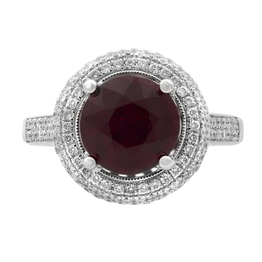 Rachel Koen 14K White Gold Ruby Diamond Engagement Ring Size 7.75: Rachel Koen 14K White Gold Ruby Diamond Engagement Ring Size 7.75 This engagement ring is crafted in 14k white gold and features a round natural ruby as the center stone, accented by round brilliant c