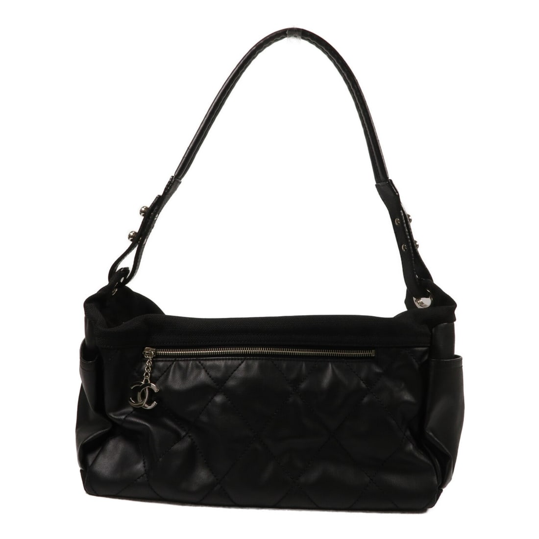 Chanel Paris Biarritz Black Canvas Shoulder Bag with CC and SHW: Chanel Paris Biarritz Black Canvas Shoulder Bag with CC and SHW Black CHANEL CC SHW Paris Biarritz shoulder bag in canvas with a very good AB condition rating. The bag features a shoulder strap and mu