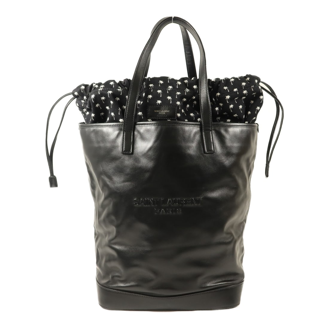 Saint Laurent Teddy Drawstring Tote GAB572673 Black Calfskin Canvas: Saint Laurent Teddy Drawstring Tote GAB572673 Black Calfskin Canvas This Saint Laurent YSL Teddy Drawstring Tote Bag is a black tote crafted from calfskin (cowhide) and canvas. It features a drawstrin