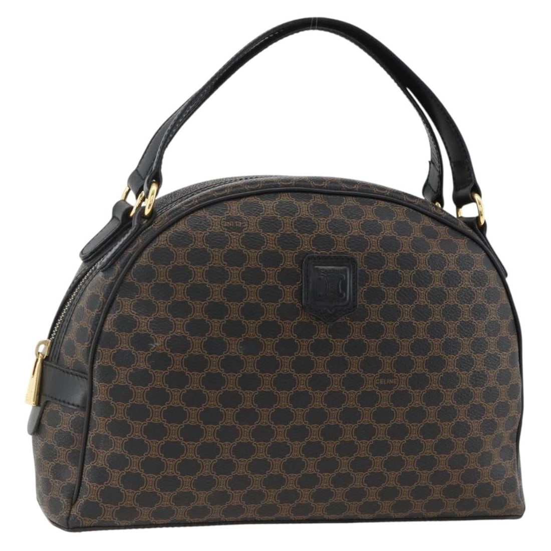 Celine Macadam Black PVC Leather Handbag with Gold Accents: Celine Macadam Black PVC Leather Handbag with Gold Accents This CELINE Macadam Canvas handbag features a combination of PVC leather and the brand's iconic Macadam canvas in black and gold tones. Desig