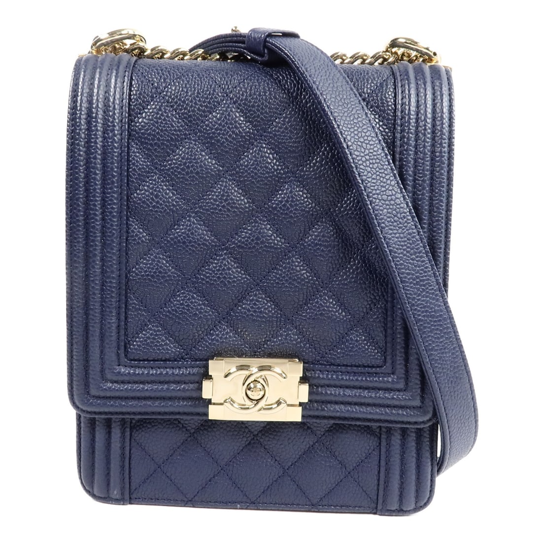 CHANEL AS0130 North South Boy Blue Calfskin Chain Shoulder Bag: CHANEL AS0130 North South Boy Blue Calfskin Chain Shoulder Bag A CHANEL North South Boy Chain Shoulder Bag in blue calfskin leather with gold-tone hardware. It is a shoulder bag style with a turn lock
