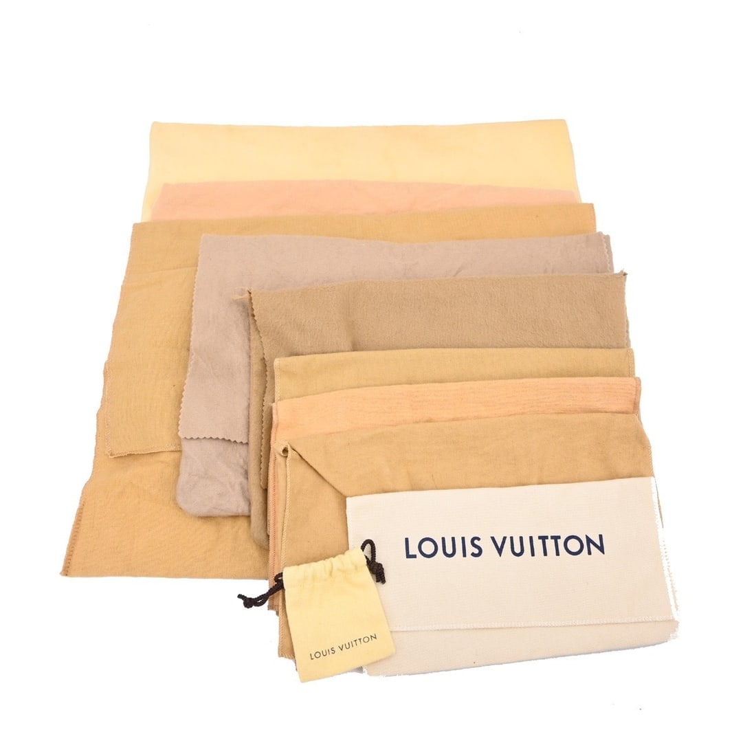 Set of 10 Louis Vuitton cotton dust bags brown beige: Set of 10 Louis Vuitton cotton dust bags brown beige Set of 10 Louis Vuitton dust bags in brown and beige cotton. These unisex dustbags show overall signs of use with reasonable wear and tear. Sizes v