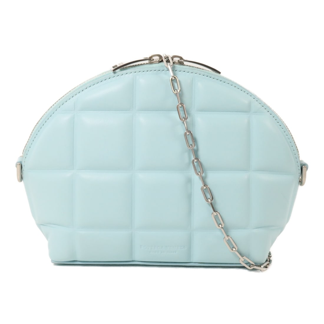 Bottega Veneta Moon Padded Chain Shoulder Bag Blue Lambskin SHW: Bottega Veneta Moon Padded Chain Shoulder Bag Blue Lambskin SHW A Bottega Veneta Moon Padded Chain Shoulder Bag in light blue lambskin leather. This shoulder bag features a chain shoulder strap, a fas