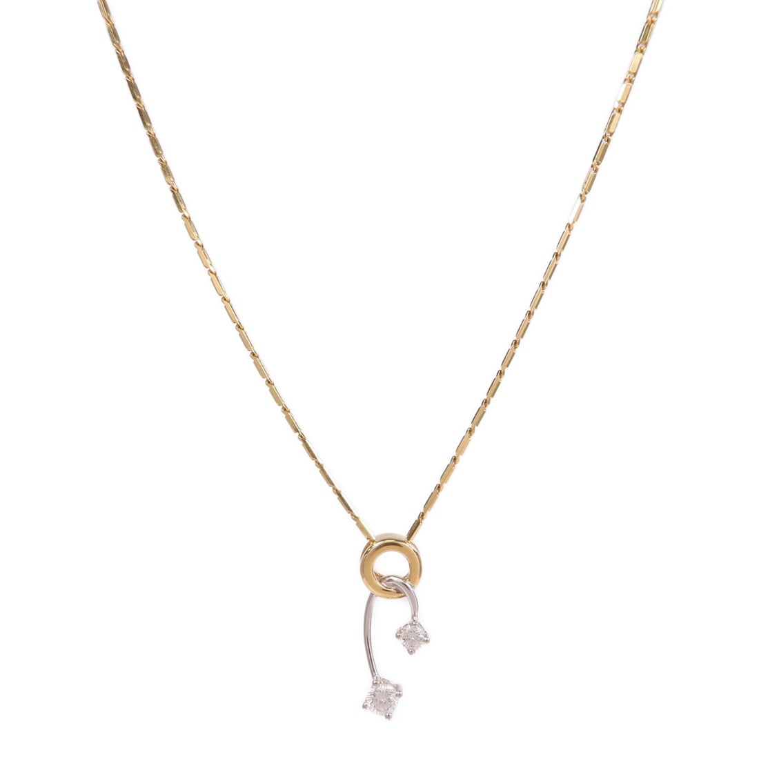 18K Yellow White Gold Diamond Necklace: 18K Yellow White Gold Diamond Necklace Diamond necklace in 18K yellow gold and 18K white gold with diamond accents. It features a clear color presentation and a motif measuring 5 mm wide by 18 mm high