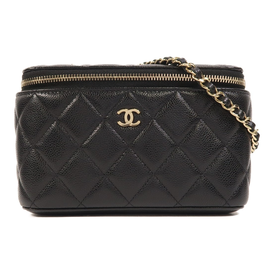 Black Calfskin Chain Vanity Shoulder Bag with CC CHANEL GHW: Black Calfskin Chain Vanity Shoulder Bag with CC CHANEL GHW Vanity case chain shoulder bag in black calfskin leather with gold-tone hardware. It features a chain shoulder strap, a fastener closure, an