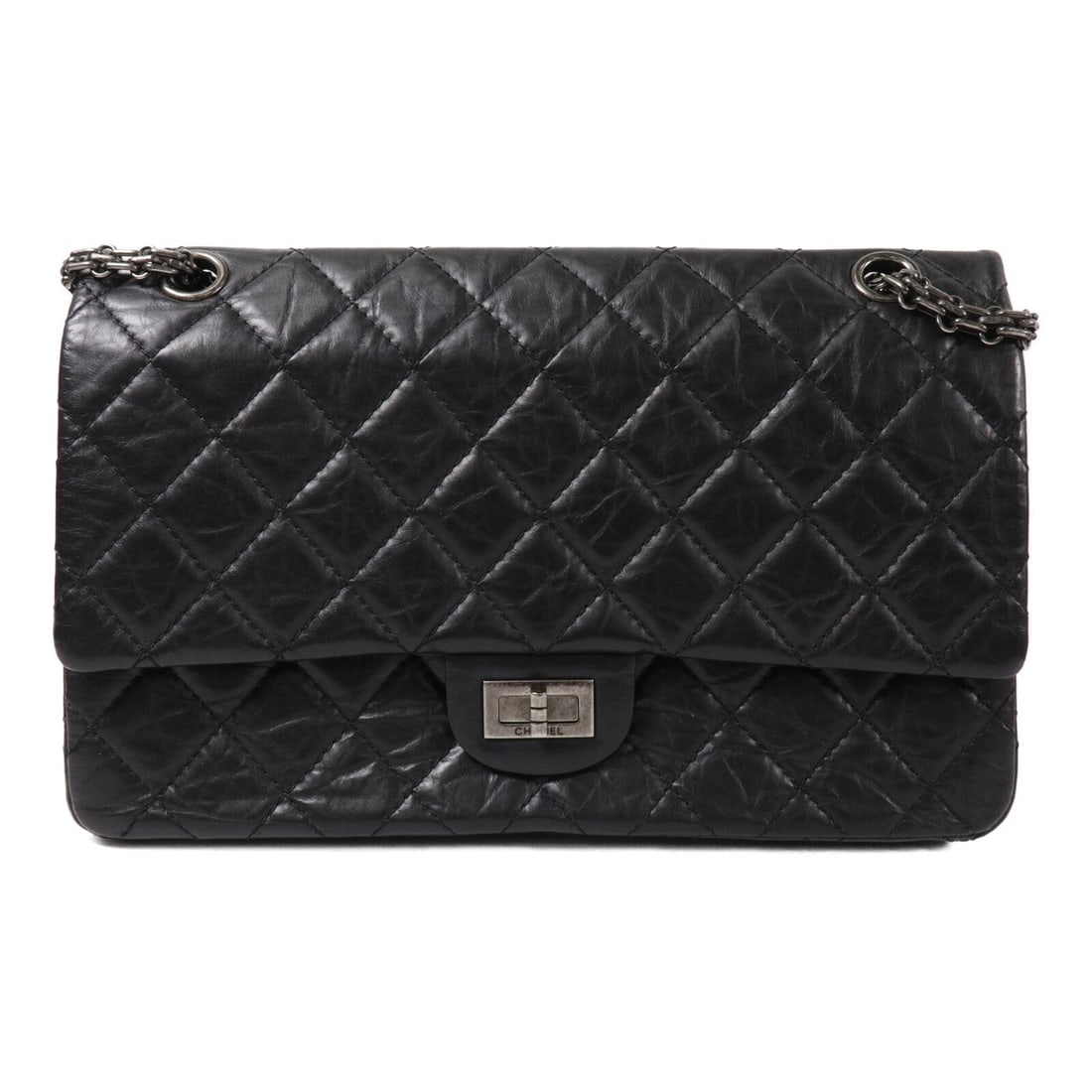 CHANEL 2.55 Medium Shoulder Bag Black Calfskin Chain Strap: CHANEL 2.55 Medium Shoulder Bag Black Calfskin Chain Strap A CHANEL CC 2.55 medium chain shoulder bag in black calfskin leather, made in France. It features a turn lock closure, one outside open pocke