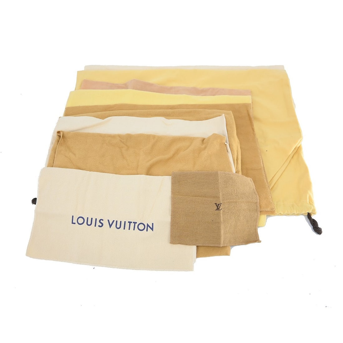 Set of 10 Louis Vuitton cotton dust bags brown beige: Set of 10 Louis Vuitton cotton dust bags brown beige Set of 10 Louis Vuitton dust bags in brown and beige cotton. These unisex dustbags show overall signs of use, including fraying and reasonable wear