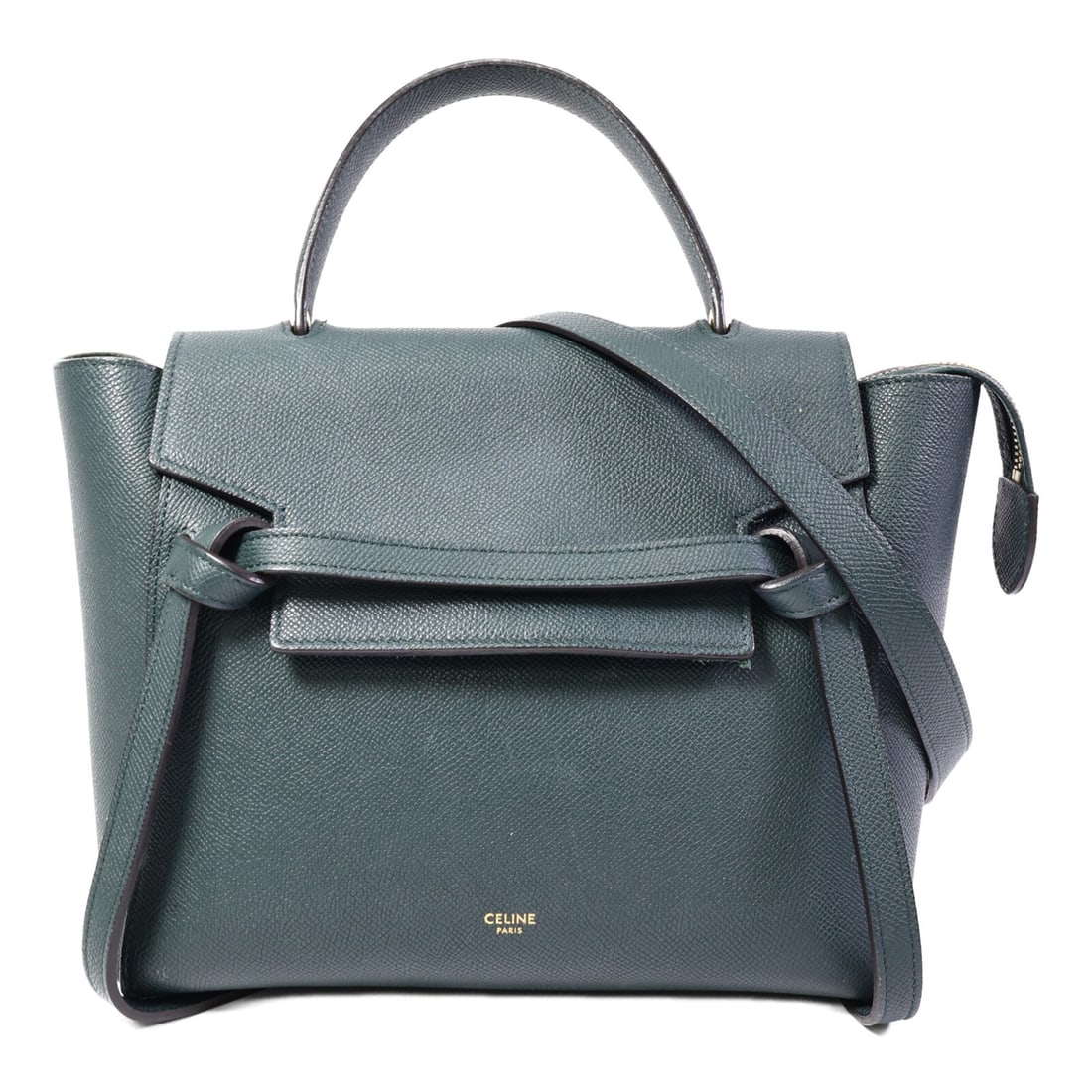CELINE Micro Belt Bag Green Calfskin 2 Way Shoulder Handbag: CELINE Micro Belt Bag Green Calfskin 2 Way Shoulder Handbag Micro Belt Bag 2 Way Shoulder Bag in green calfskin (cowhide) leather. It features a magnetic pocket, one outside/inside zip pocket, one ins