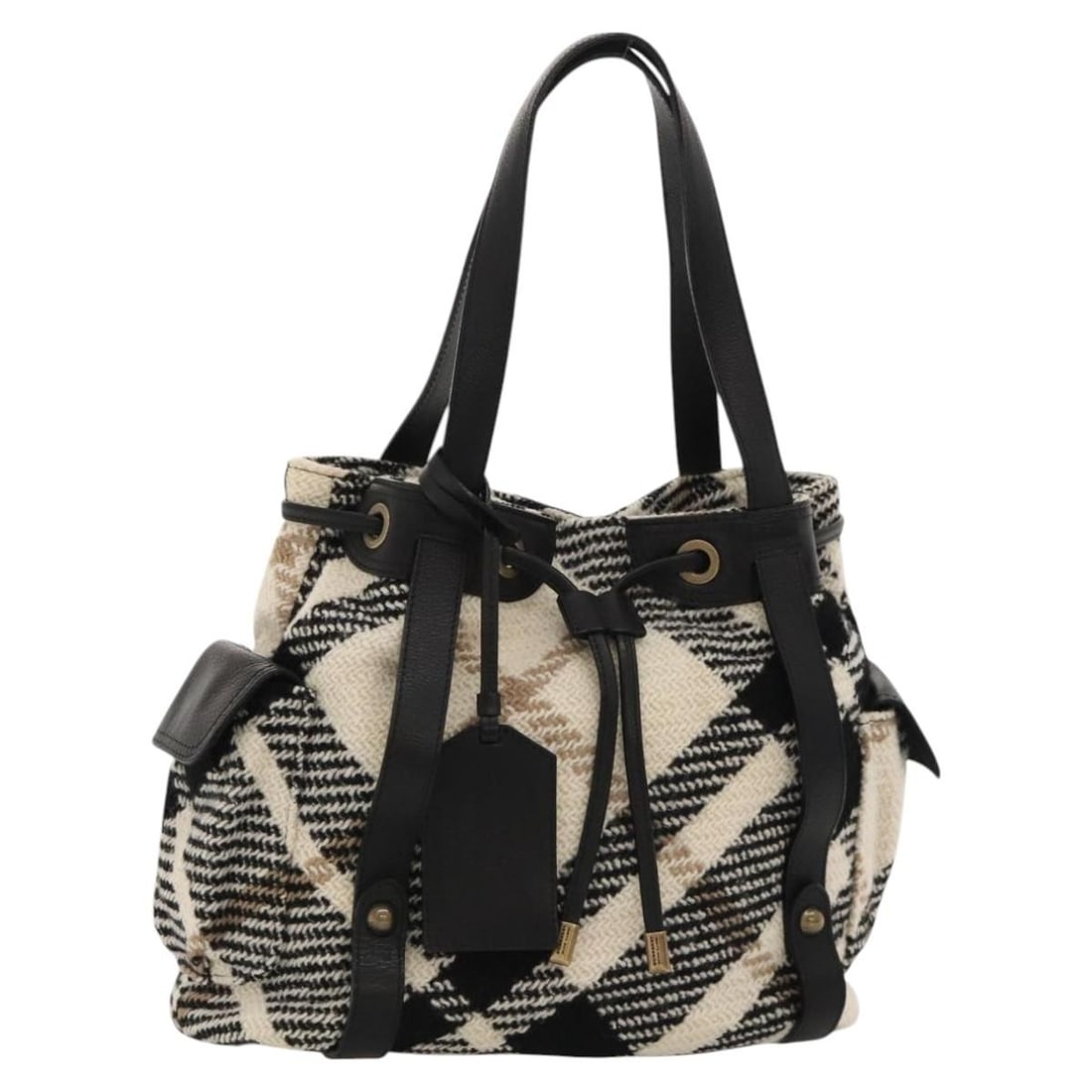 Burberry Blue Label Nova Check Wool Tote Bag White Gold: Burberry Blue Label Nova Check Wool Tote Bag White Gold A Burberry Nova Check Blue Label tote bag in white and gold, made from wool and made in Japan. It features a tote bag style with approximate dim