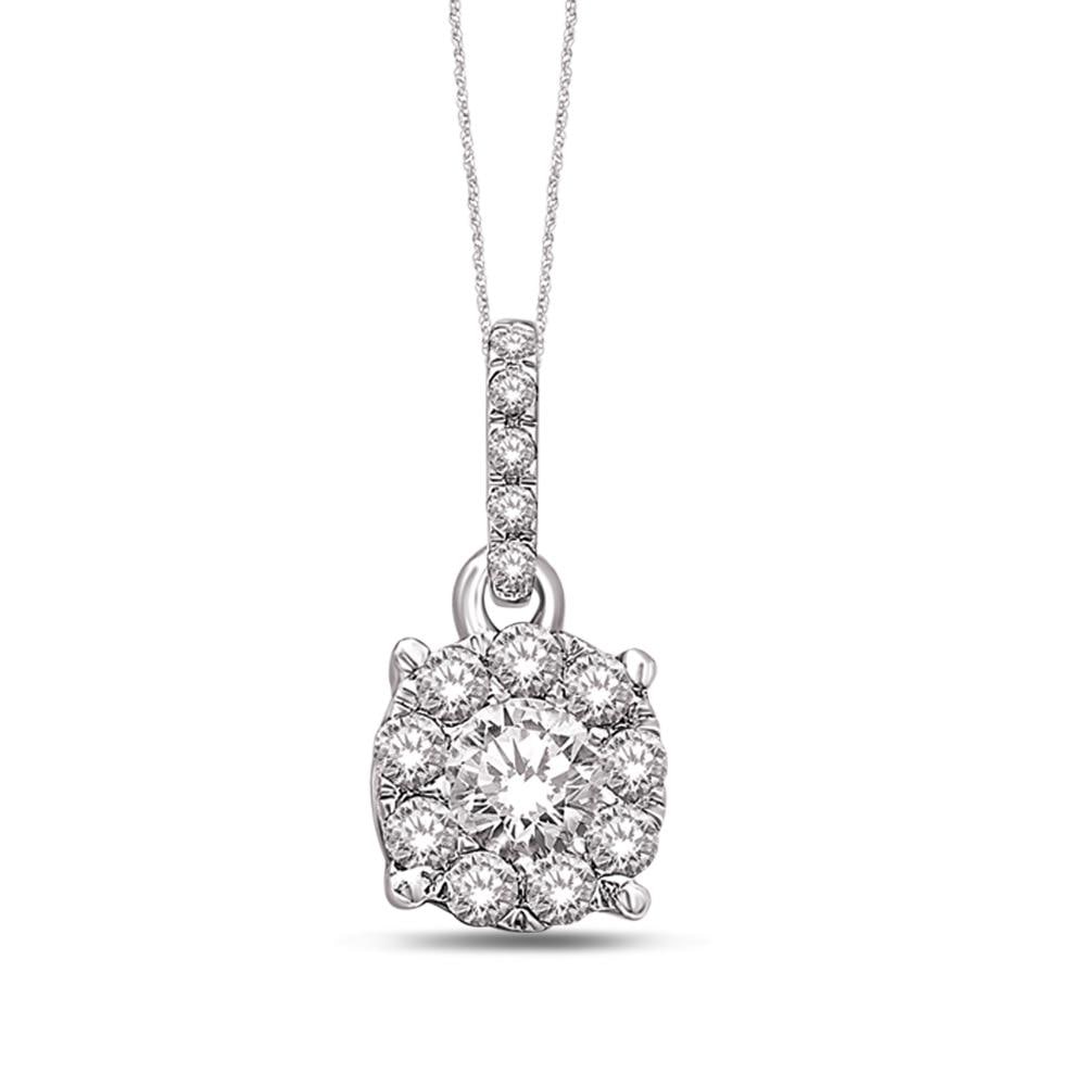 14K White Gold 1/4 Ct.Tw Diamond Fashion Pendant: 14K White Gold 1/4 Ct.Tw Diamond Fashion Pendant This amazing pendant is available in 14K White Gold. There are 15 round diamonds with a total carat weight of 1/4 Ct.Tw. set in a micro prong setting. 