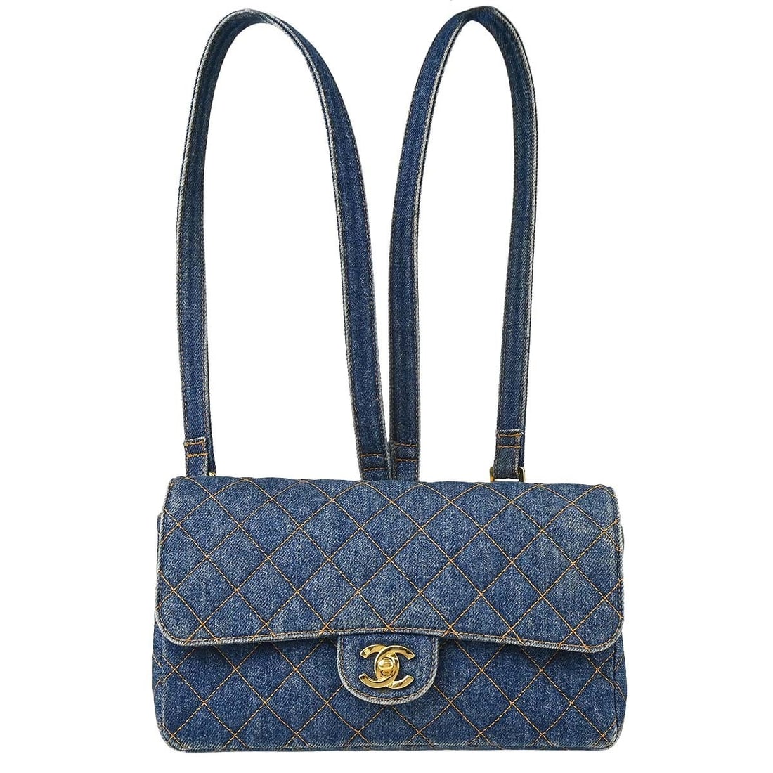 CHANEL Duma small backpack blue denim lambskin turn lock: CHANEL Duma small backpack blue denim lambskin turn lock Chanel Blue Denim Classic Flap Backpack in small size, made in France. It features a turn-lock closure, blue exterior, and a combination of den