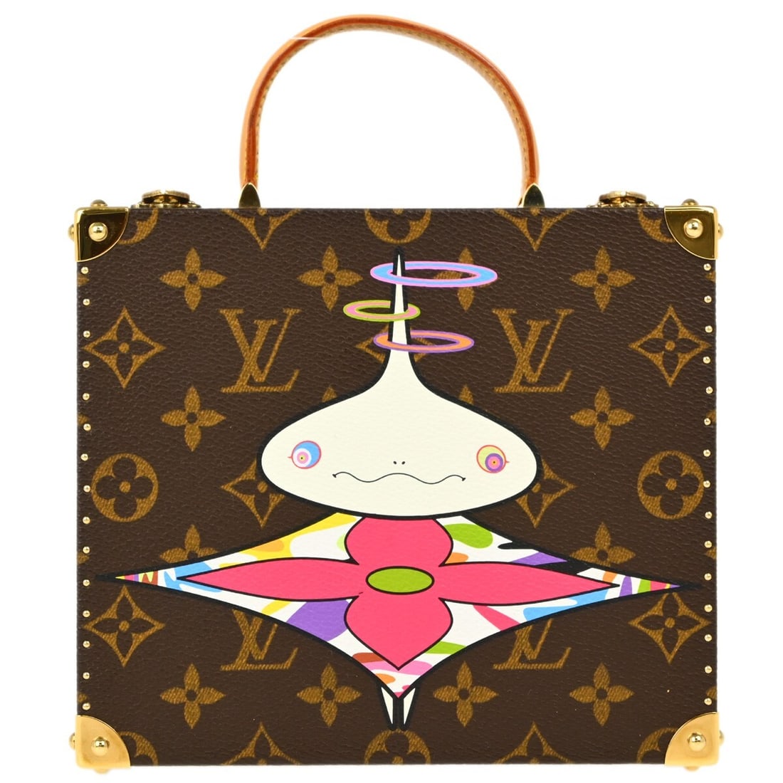 Louis Vuitton M92476 Takashi Murakami Jewelry Case Top Handle Bag: Louis Vuitton M92476 Takashi Murakami Jewelry Case Top Handle Bag Louis Vuitton Onion Head Takashi Murakami jewelry box handbag in brown Monogram canvas and leather. This top handle bag features a buc