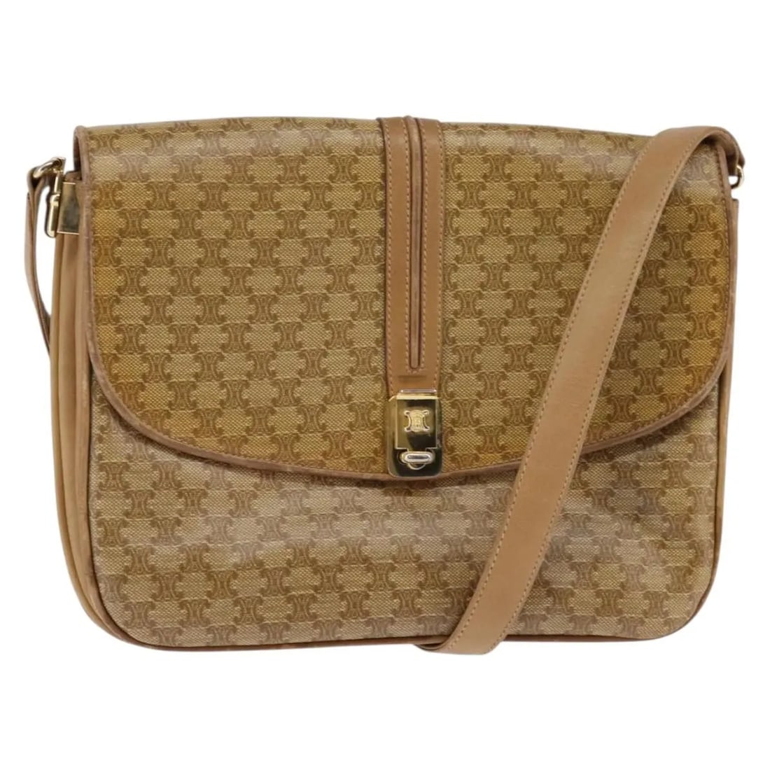 Celine Vintage Macadam Shoulder Bag Beige Canvas Leather: Celine Vintage Macadam Shoulder Bag Beige Canvas Leather This Celine Vintage Macadam shoulder bag features a beige canvas exterior with leather trim, designed for women. The bag shows signs of previou