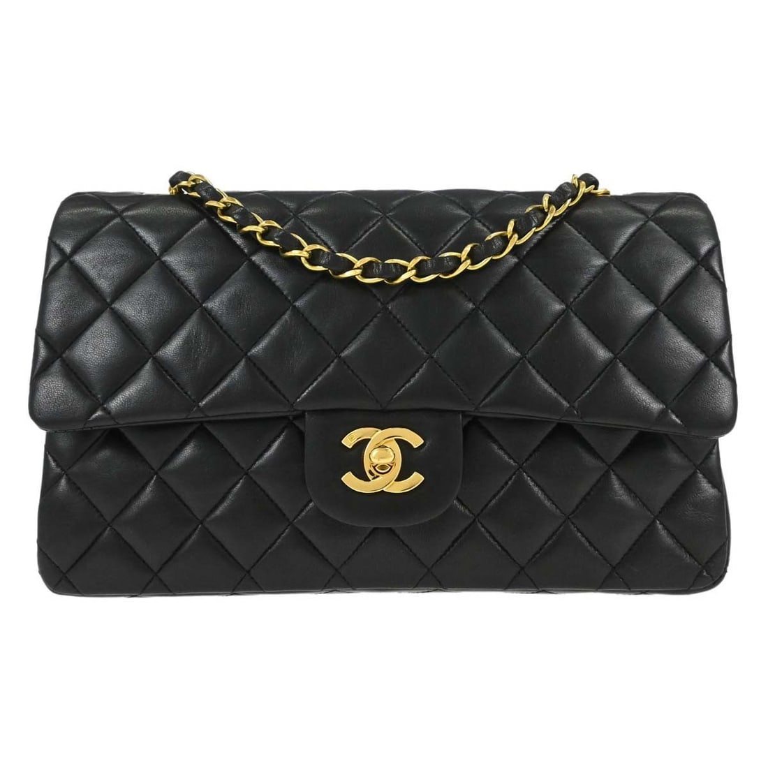 CHANEL Classic Double Flap Medium Black Lambskin Shoulder Bag: CHANEL Classic Double Flap Medium Black Lambskin Shoulder Bag Chanel Medium Classic Double Flap shoulder bag in black lambskin leather with a turn-lock closure and shoulder strap. This women's bag is 