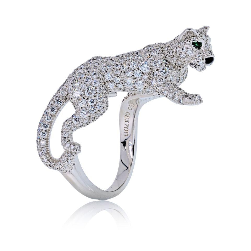 Cartier Panthere 18K White Gold Diamond Ring Size 6.5: Cartier Panthere 18K White Gold Diamond Ring Size 6.5 Estate Cartier Panthere ring in 18K white gold. The ring features an exact diamond weight of 1.5 cts, weighs 15.8 grams, and is a ring size 6.5. P