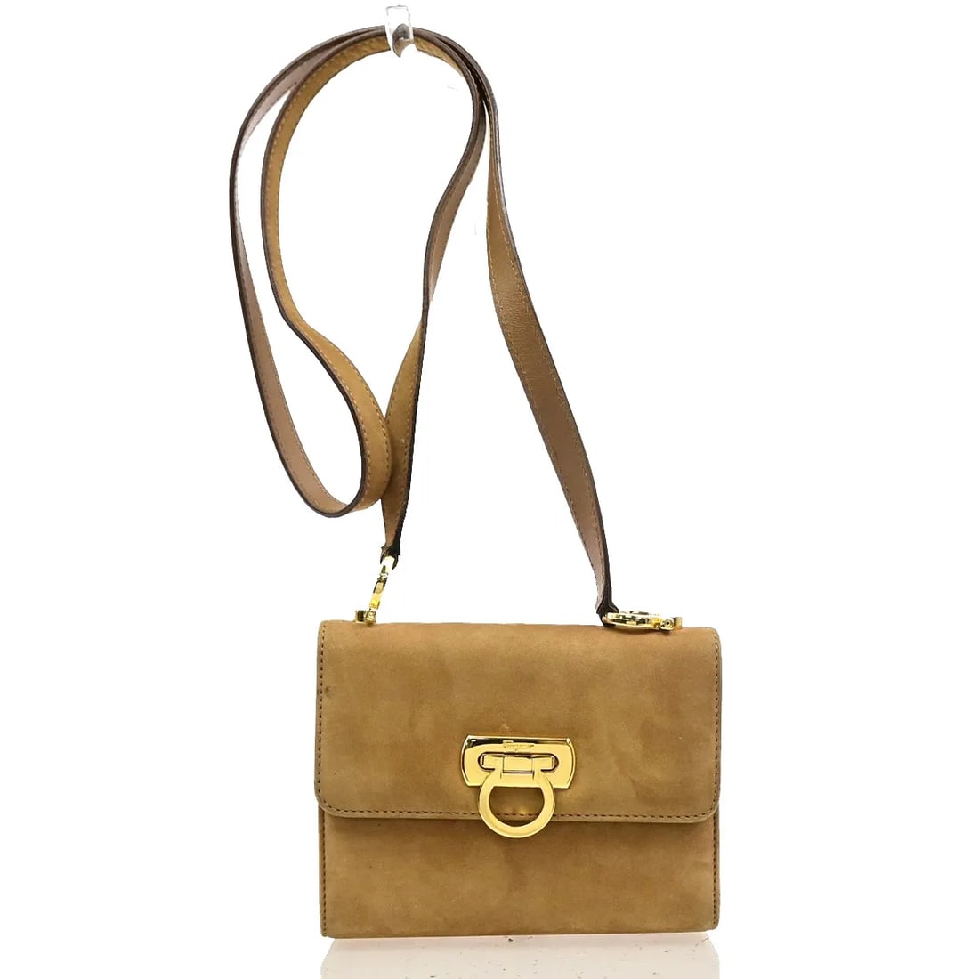 Beige Suede Shoulder Bag Salvatore Ferragamo Gancini Flap: Beige Suede Shoulder Bag Salvatore Ferragamo Gancini Flap Salvatore Ferragamo Gancini Flap handbag in beige suede, made in Italy. The item is described as in good condition with noted exterior wear, i
