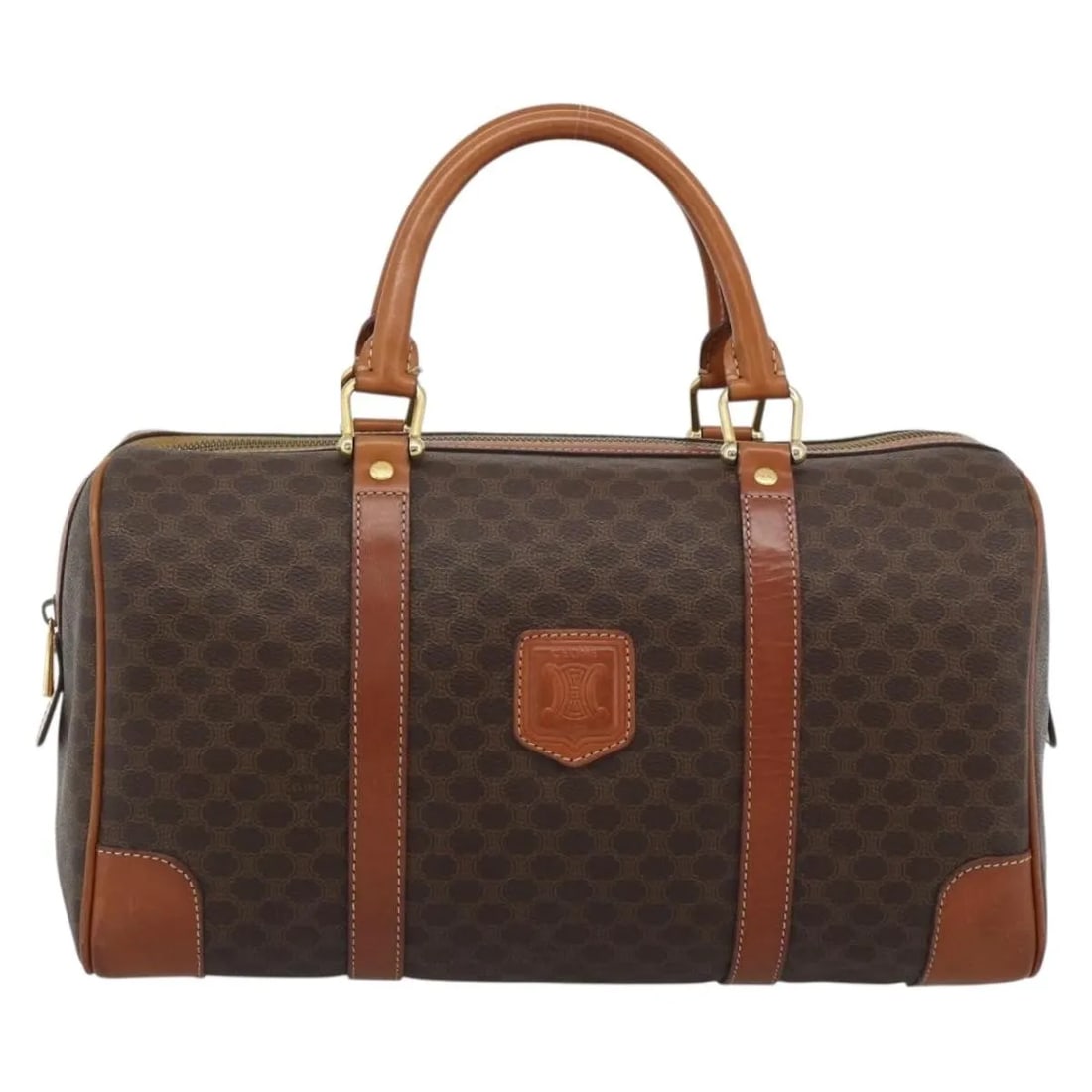 Celine Vintage Macadam Boston Handbag Canvas Brown Leather Trim: Celine Vintage Macadam Boston Handbag Canvas Brown Leather Trim Vintage Macadam Boston bag in brown canvas with leather trim. Made in Italy, this piece shows overall good condition with visible signs 