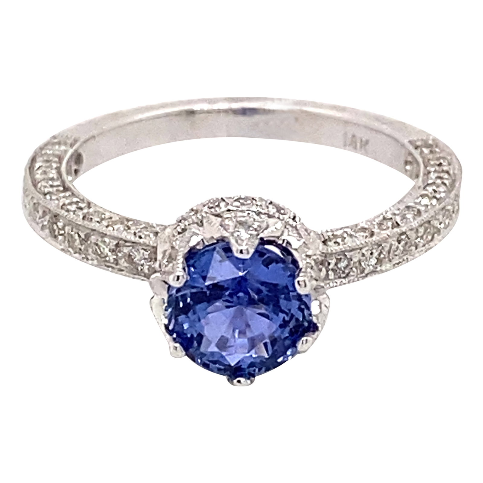 Stunning Art Deco 1.91ct Ceylon Sapphire Diamond Ring 18k White Gold: Stunning Art Deco 1.91ct Ceylon Sapphire Diamond Ring 18k White Gold This exquisite Art Deco style ring features a stunning 1.91 carat total gemstone weight, showcasing a center 1.22 carat round heat-