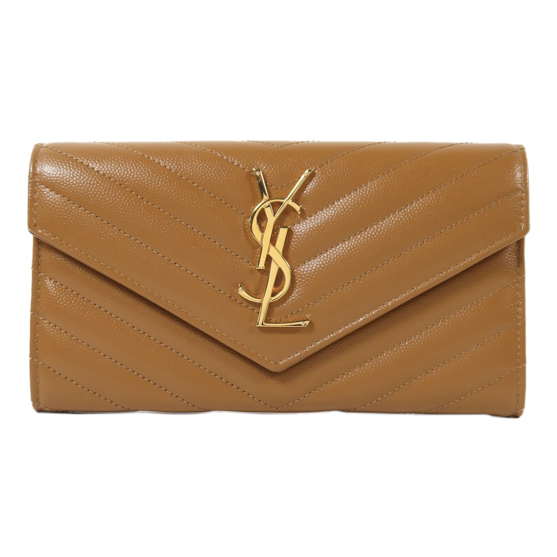 Saint Laurent GUE372264 bifold flap wallet brown calfskin leather: Saint Laurent GUE372264 bifold flap wallet brown calfskin leather A Saint Laurent large flap bifold wallet in brown calfskin leather, designed for women. It features a hook button closure, 12 card slo