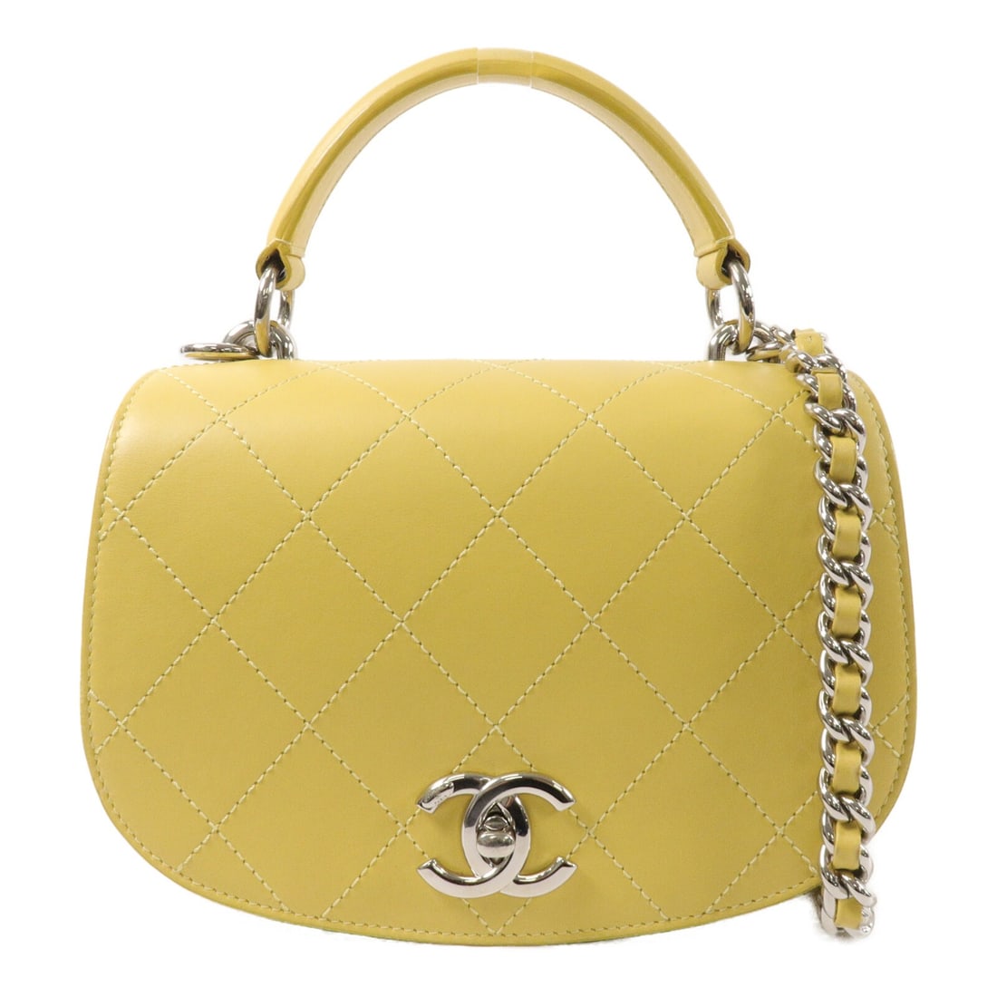 CHANEL CC Yellow Calfskin Top Handle Shoulder Bag with Chain: CHANEL CC Yellow Calfskin Top Handle Shoulder Bag with Chain A CHANEL CC SHW Top Handle Flap Bag in yellow calfskin leather with a 2-way chain shoulder design. It features a turn lock closure, one out