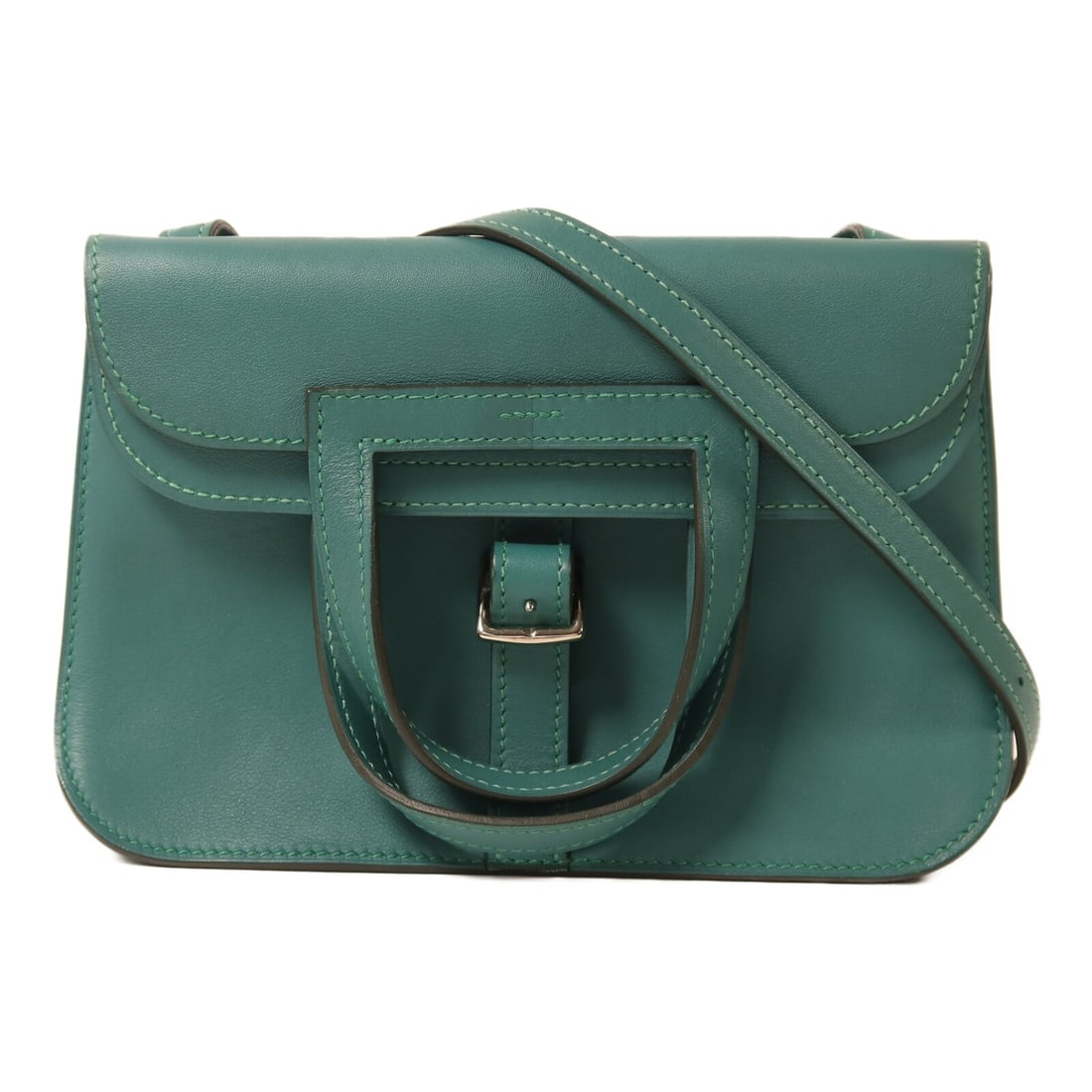 HERMES Mini Halzan 2 Way Shoulder Bag Swift Calfskin Malachite PHW: HERMES Mini Halzan 2 Way Shoulder Bag Swift Calfskin Malachite PHW A compact HERMES Mini Halzan 2-way shoulder bag in Malachite green, crafted from Veau Swift leather with calfskin (cowhide) details. 