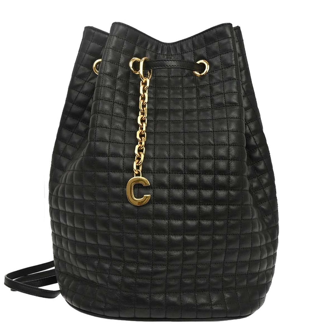 CELINE S-PB-4158 medium black leather backpack with dust bag: CELINE S-PB-4158 medium black leather backpack with dust bag Celine black leather backpack with logo accents and a medium-size silhouette. This women's backpack is made in Italy and features an interi