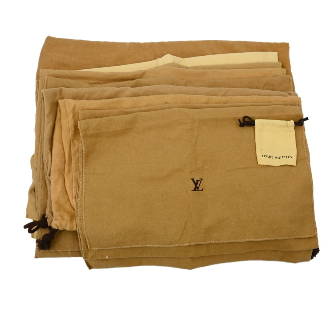 Set of 10 Louis Vuitton Cotton Dust Bags Brown Beige Authentic: Set of 10 Louis Vuitton Cotton Dust Bags Brown Beige Authentic A 10-piece set of Louis Vuitton dust bags in brown and beige, made from 100% cotton. The set is described as unisex and shows overall sig