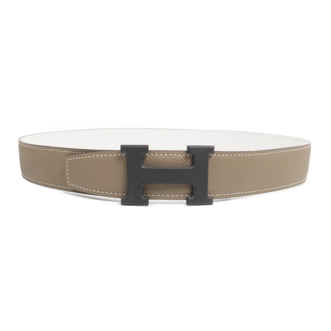 Hermes H Belt 90cm Epsom Calfskin Etoupe Blanc: Hermes H Belt 90cm Epsom Calfskin Etoupe Blanc A Hermes H belt in size 90cm, made from Epsom and calfskin (cowhide) in Etoupe/Blanc. The belt is described as very good condition (AB) and includes no a